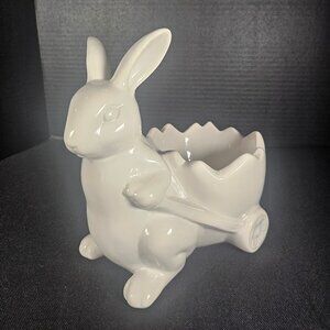 White Glazed Ceramic Bunny Pulling An Egg Cart Planter/Figurine
